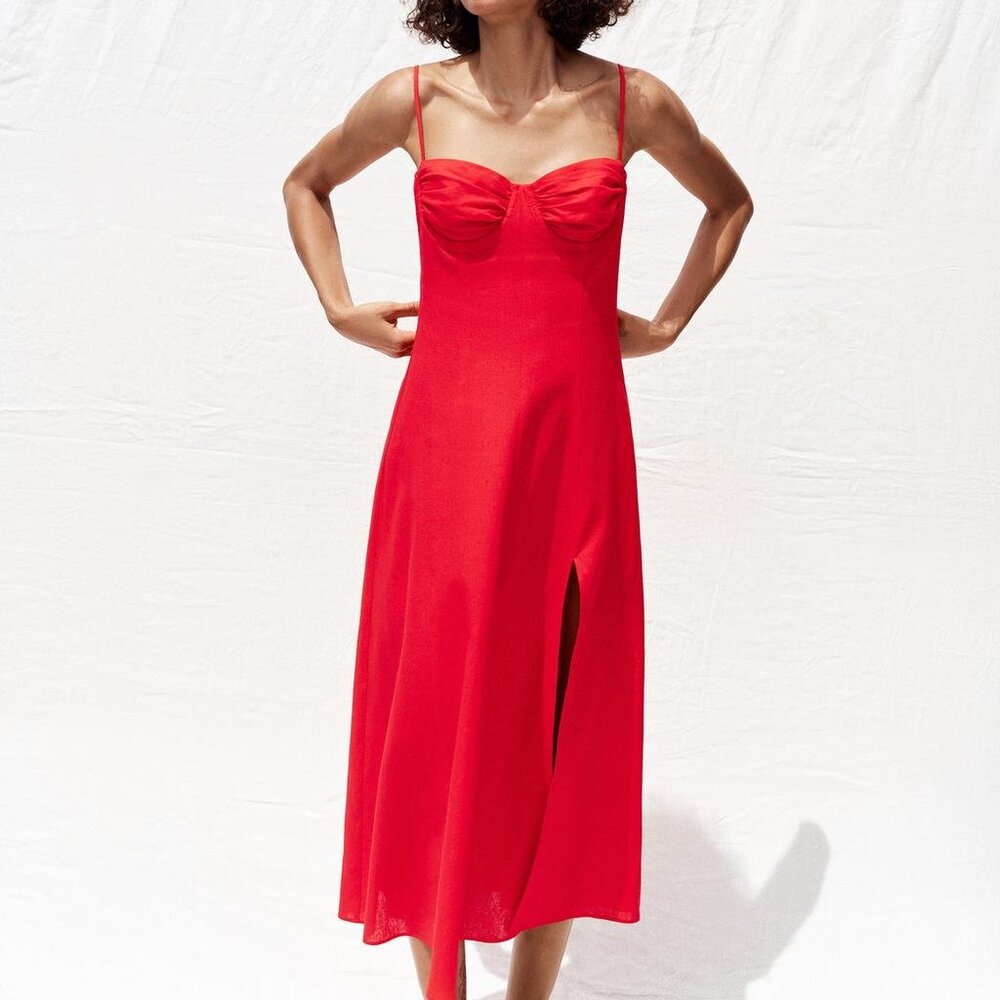 Zara Red Midi Slip Dress with Side Slit